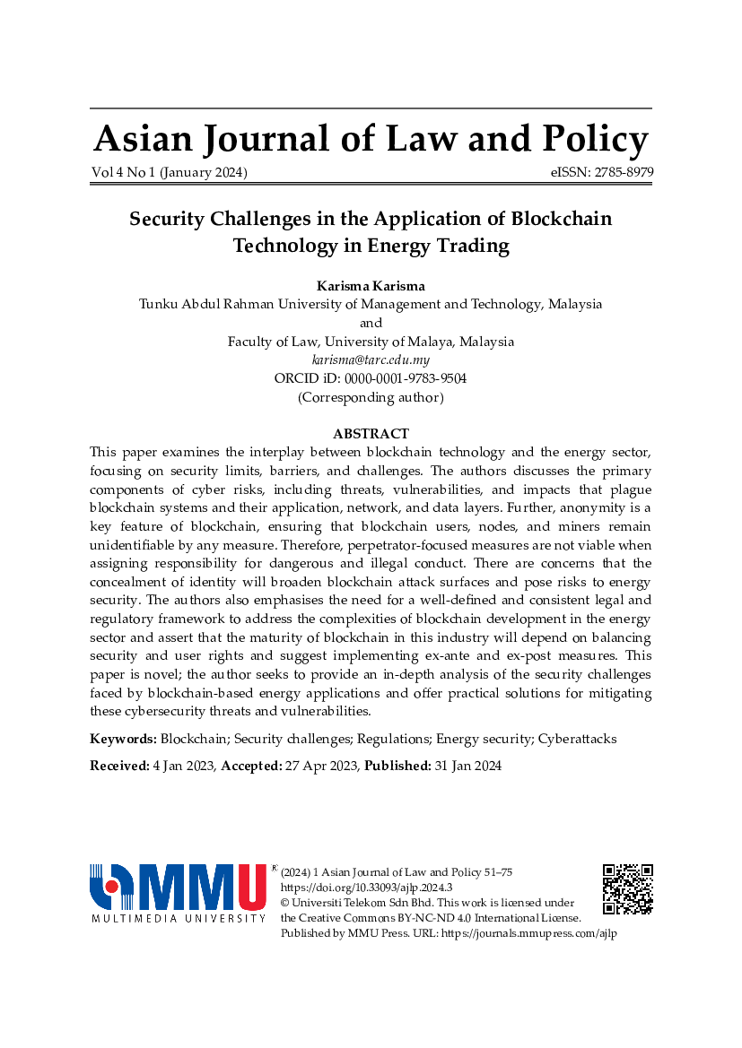 Cover for Karisma: Security Challenges in the Application of Blockchain Technology in Energy Trading